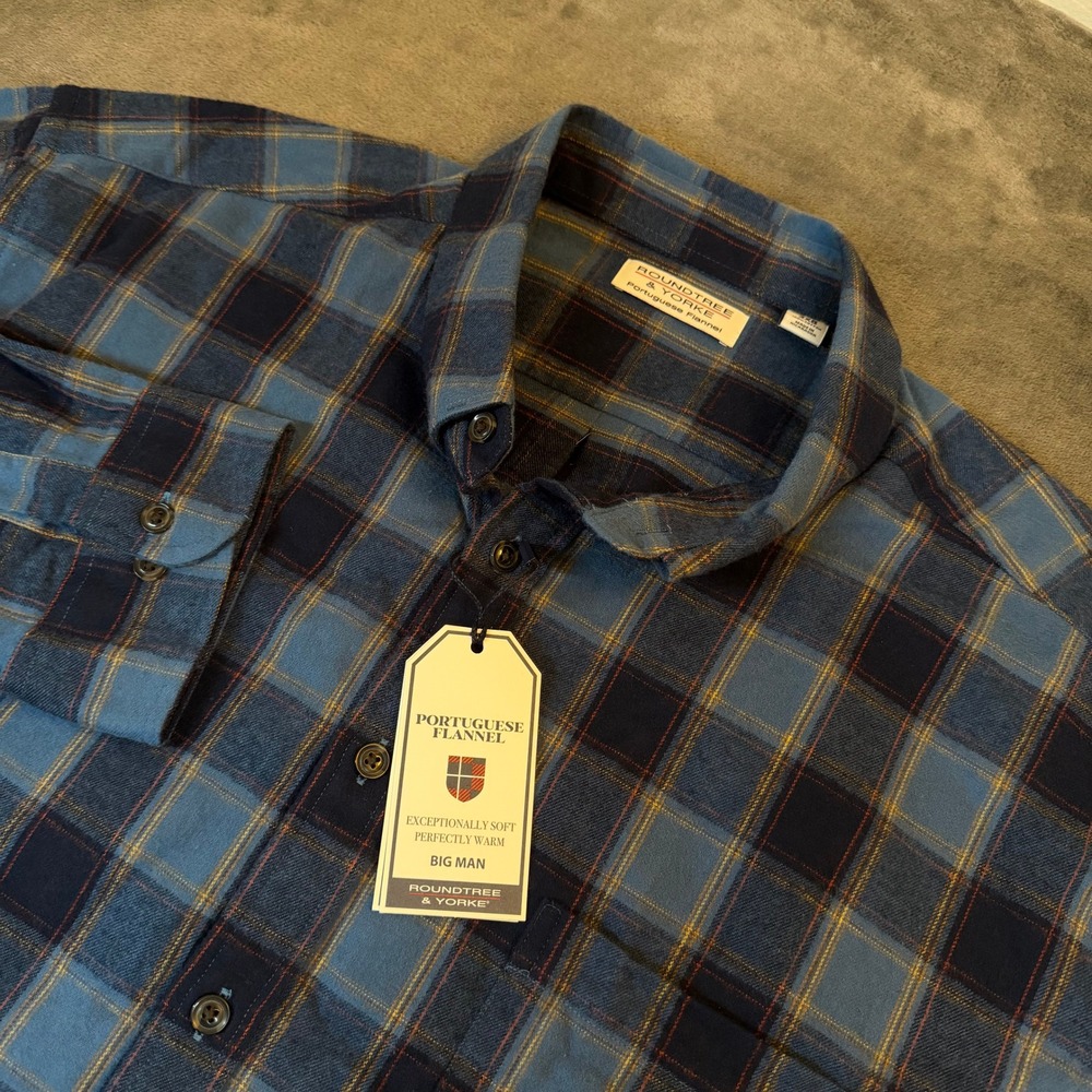 Roundtree & Yorke Portuguese Flannel Shirt Mens 3XB Big Blue Plaid Cotton NWT